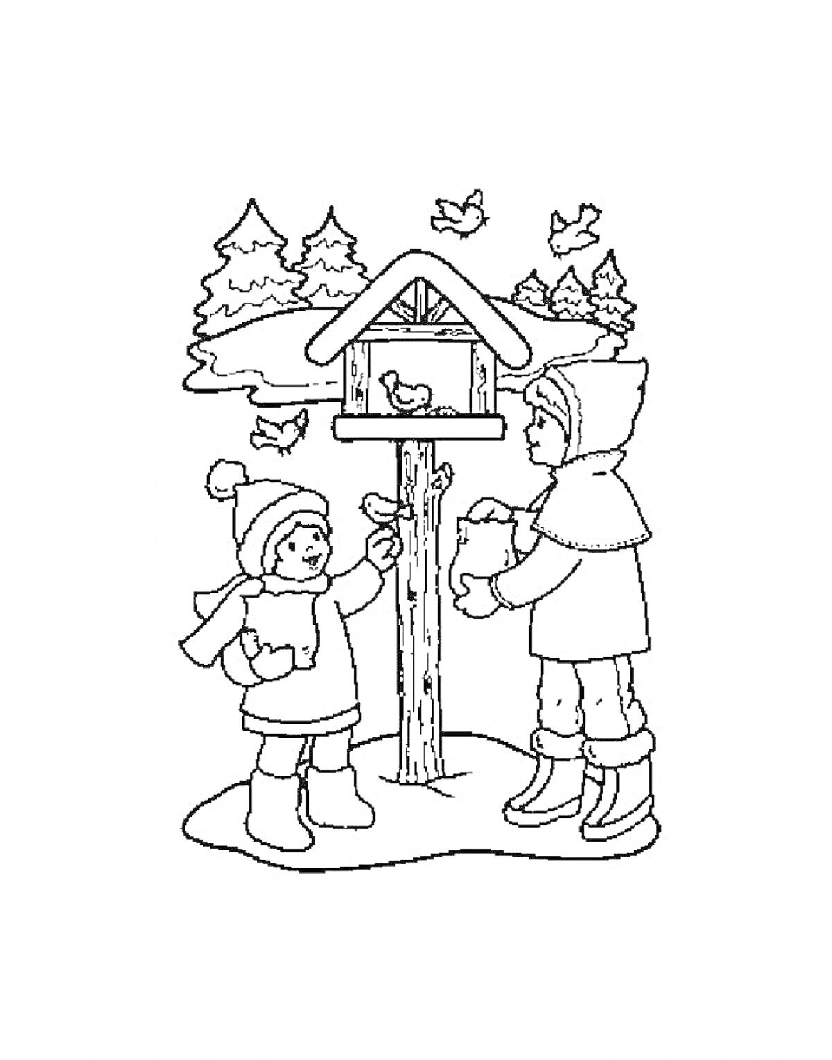 На раскраске изображено: Кормушка, Кормление птиц, Зима, Зимняя одежда, Деревья, Для детей, Птица