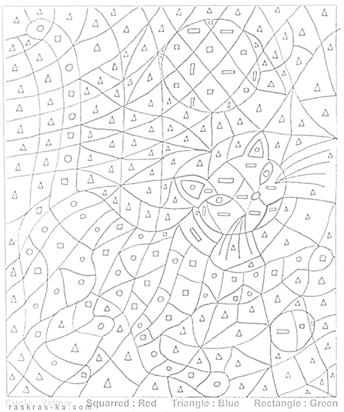 На раскраске изображено: По номерам, Геометрические фигуры, Квадраты, Треугольники, Прямоугольники, Антистресс, Творчество