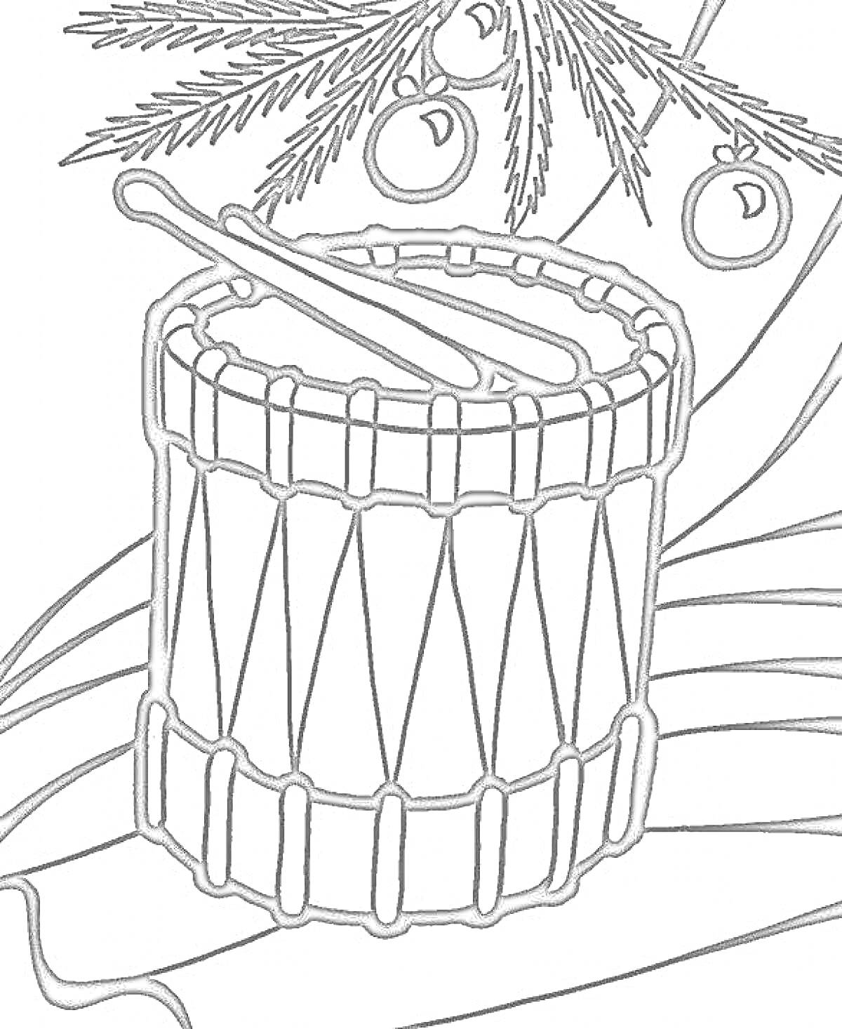 Раскраска Барабан с палочками на фоне ёлочных веток с шарами