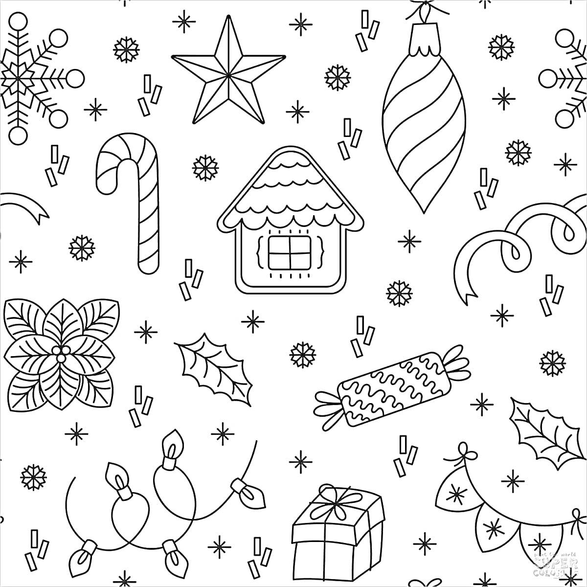 Раскраска новогодний паттерн с конфетами, звездой, домиком, украшениями, подарками и ветками остролиста