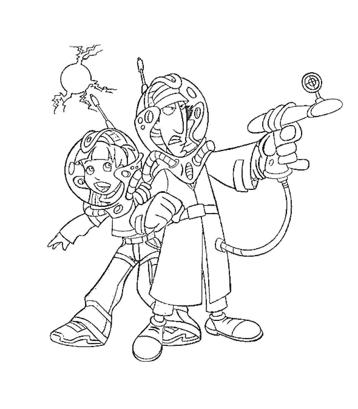 Инспектор Гаджет и девочка в космической экипировке, с оружием и антеннами на шлемах на фоне взрыва