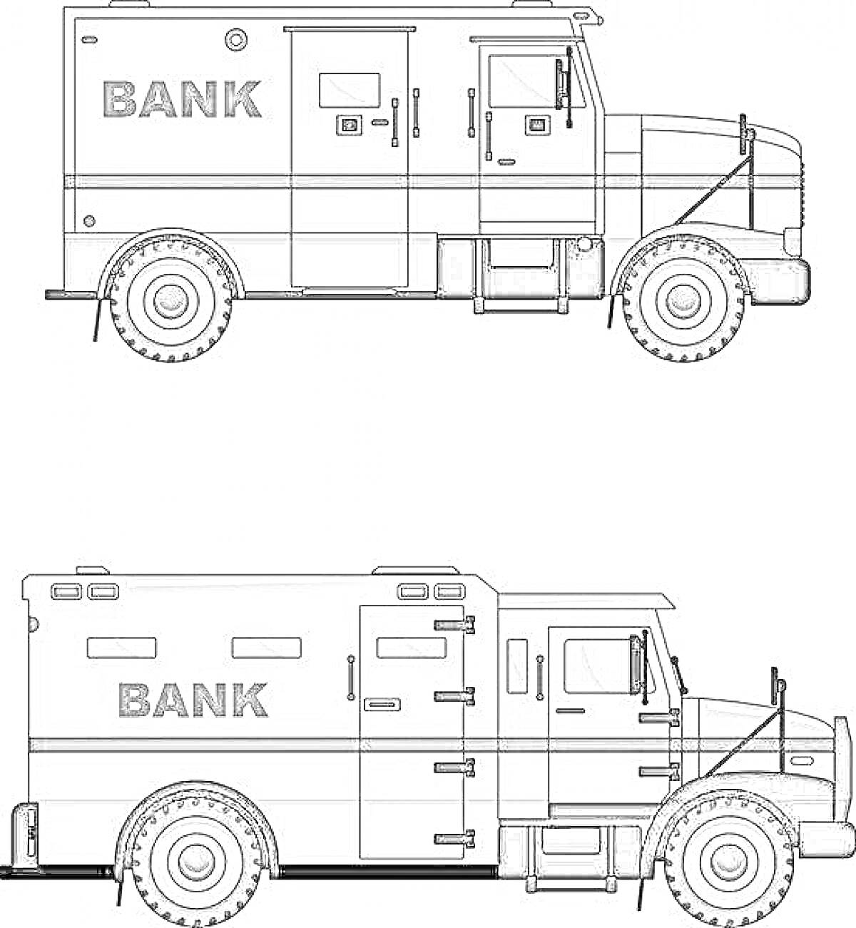Раскраска Инкассаторская машина с надписью BANK и деталями кузова, включая двери, окна, колёса и защитные поручни