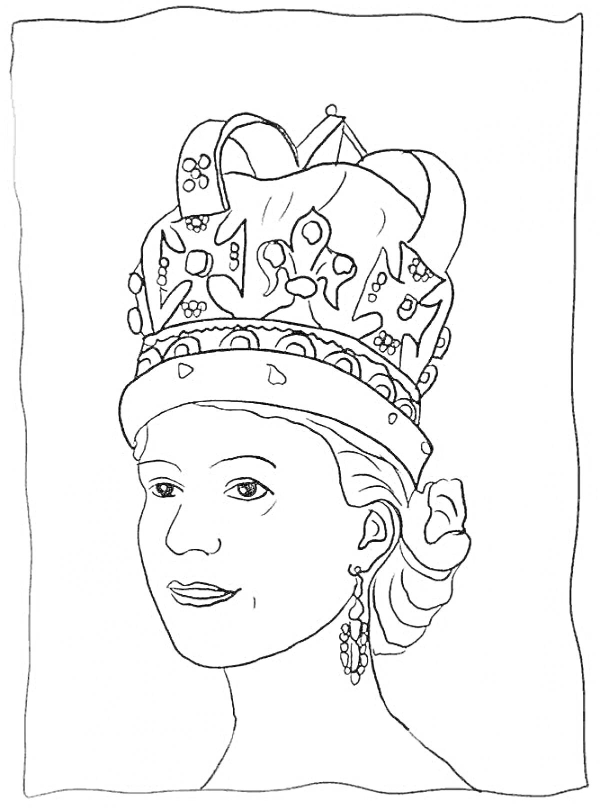 На раскраске изображено: Королева, Корона, Украшения, Женщина, Лицо