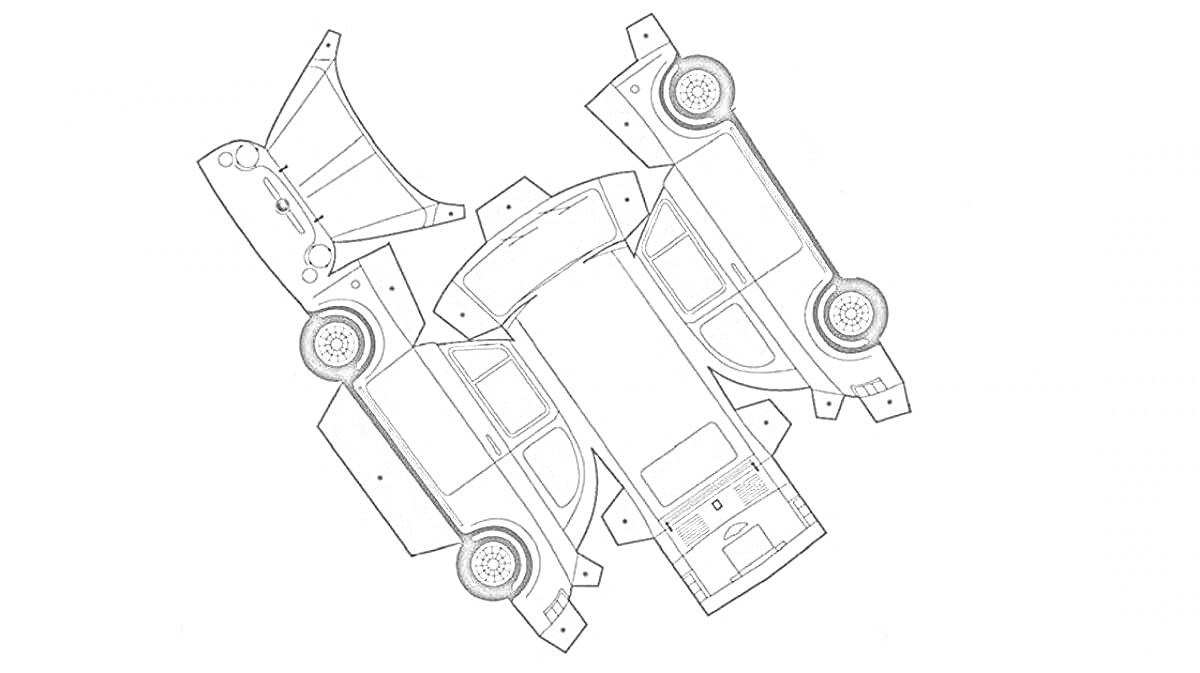 Бумажная модель автомобиля с открывающимися дверьми и капотом