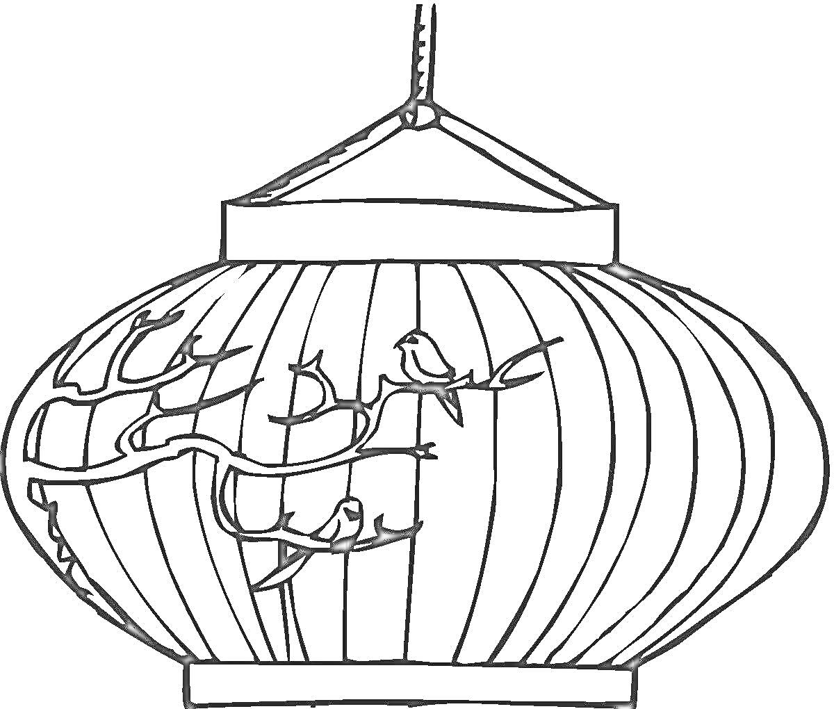 Раскраска Фонарь с изображением ветки и птиц