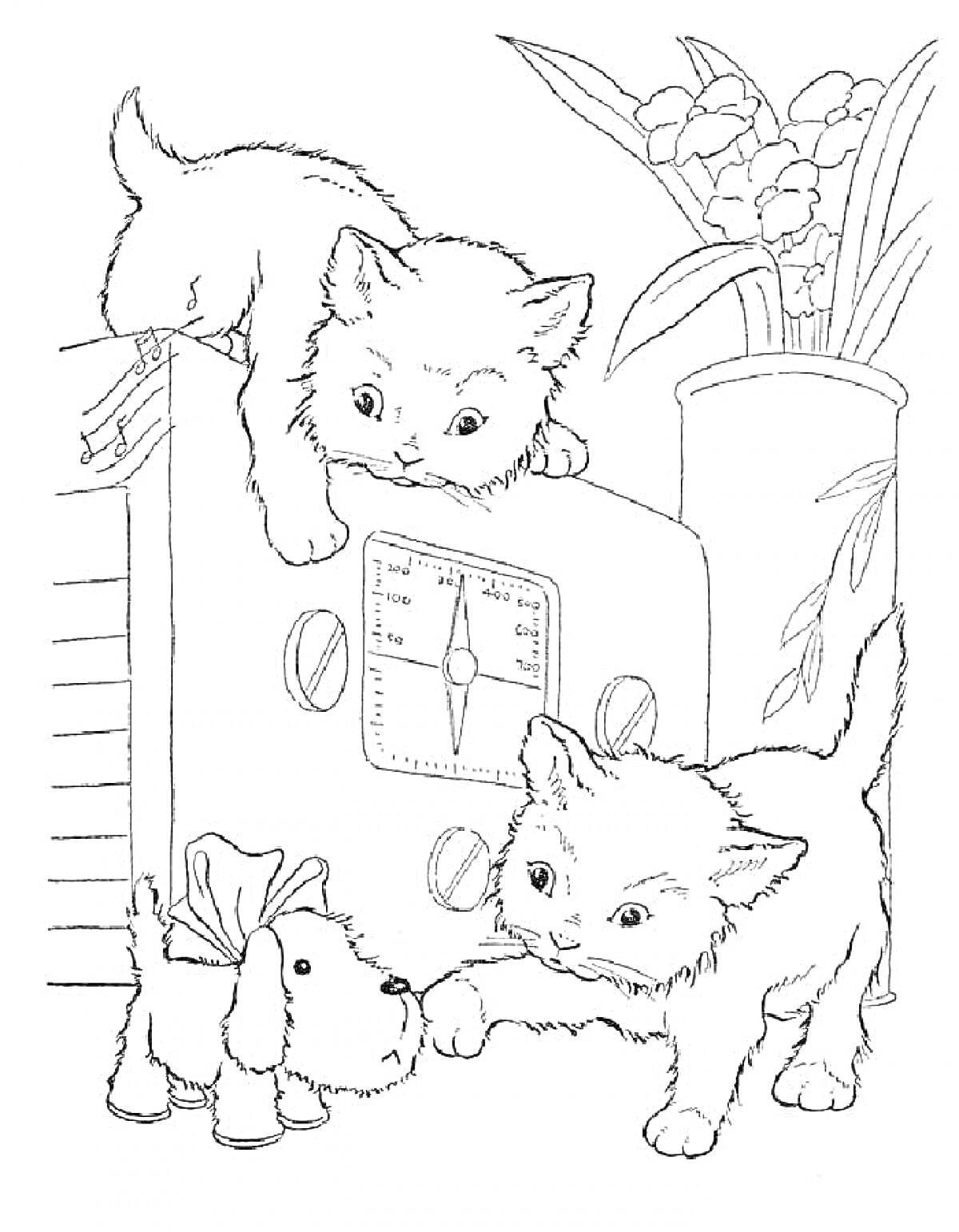 Раскраска Котята на радио и игрушечная собака перед цветочным горшком