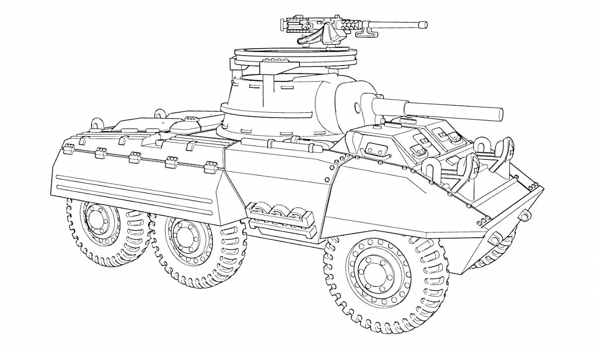 Раскраска Бронетранспортёр с пулемётом и пушкой, шесть колёс