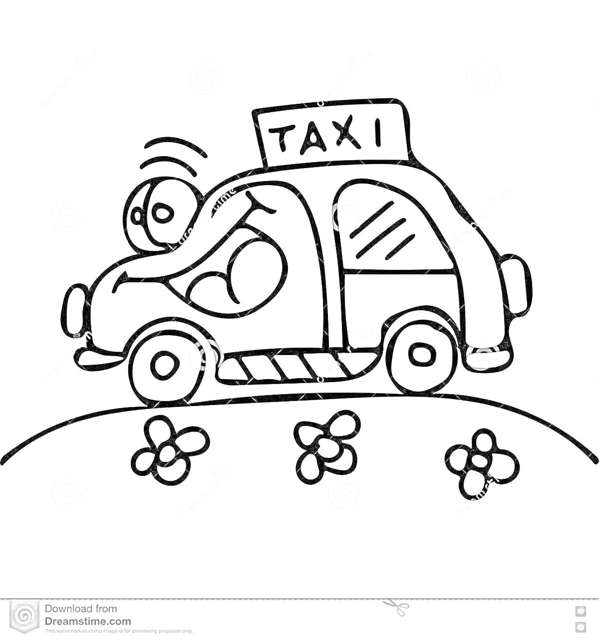 Раскраска Такси с водителем, едущем по холму с цветами