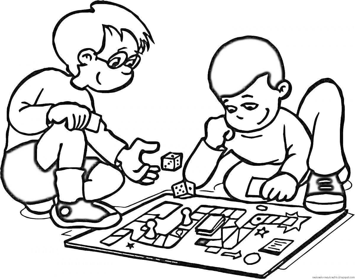 РаскраскаДвое детей играют в настольную игру с кубиками и фишками