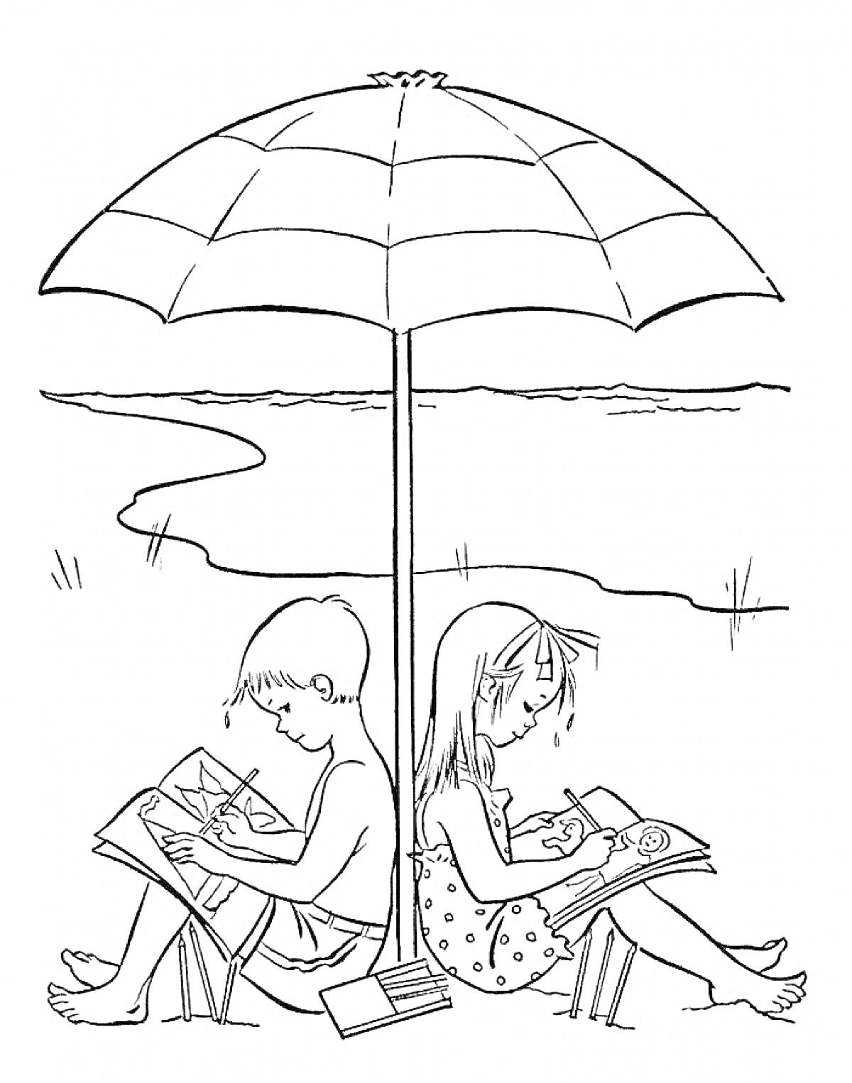 Дети под зонтом на пляже рисуют в альбомах