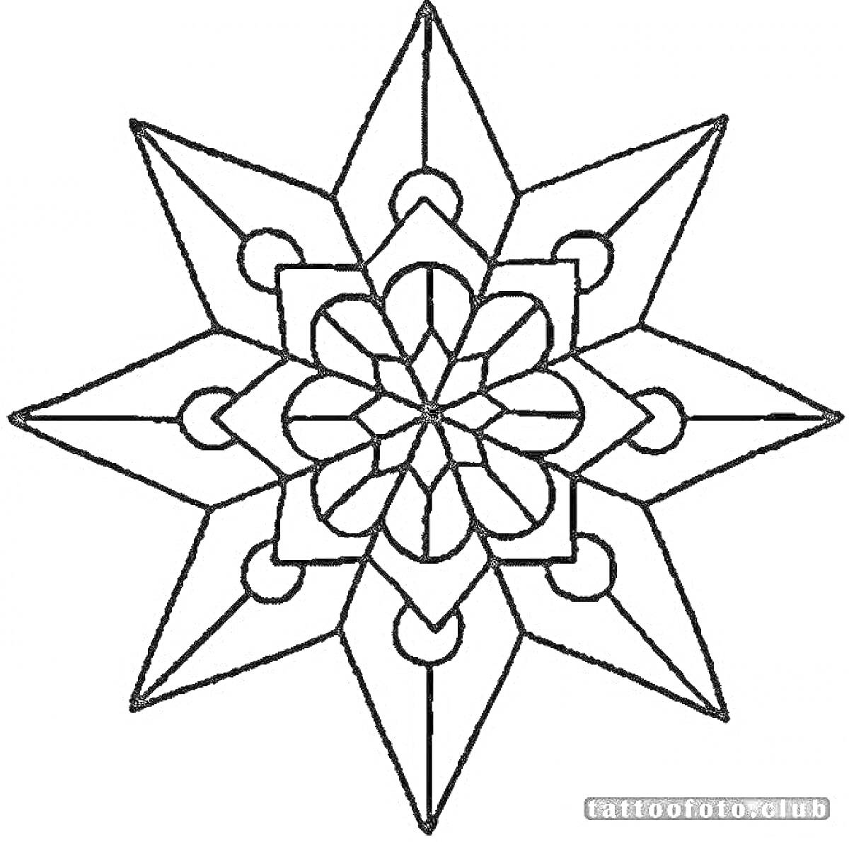 Раскраска Рисунок раскраски с рождественской звездой с восемью лучами. В центре звезды сложный узор, окруженный рядом кругов, расположенных между лучами.