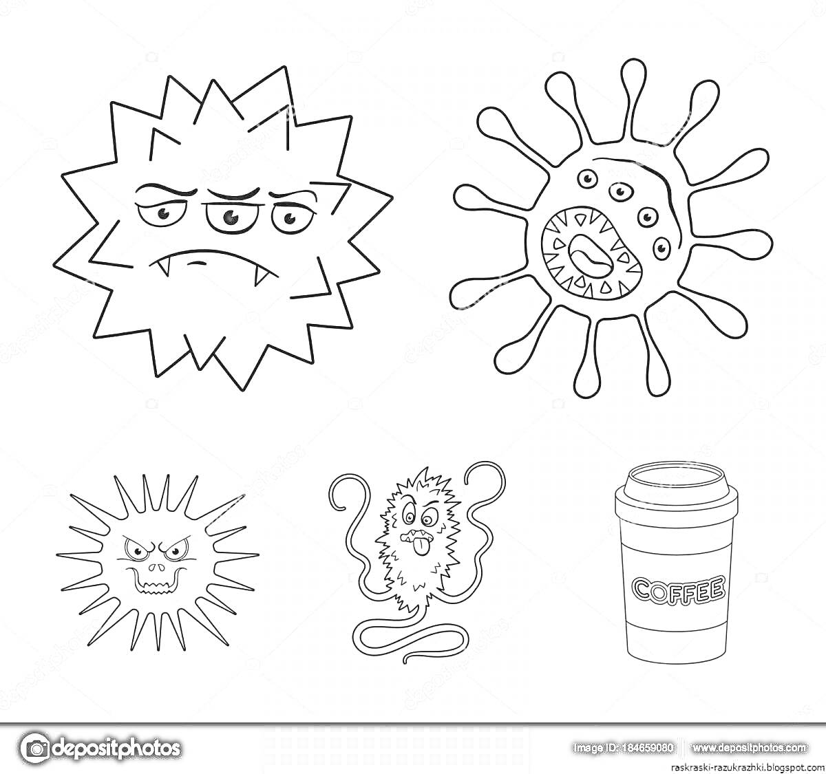 Раскраска Большой микроб с тремя глазами, круглый микроб с несколькими шупальцами и зубами, микроб с большими глазами и двумя усиками, маленький круглой микроб, кофе в бумажном стаканчике