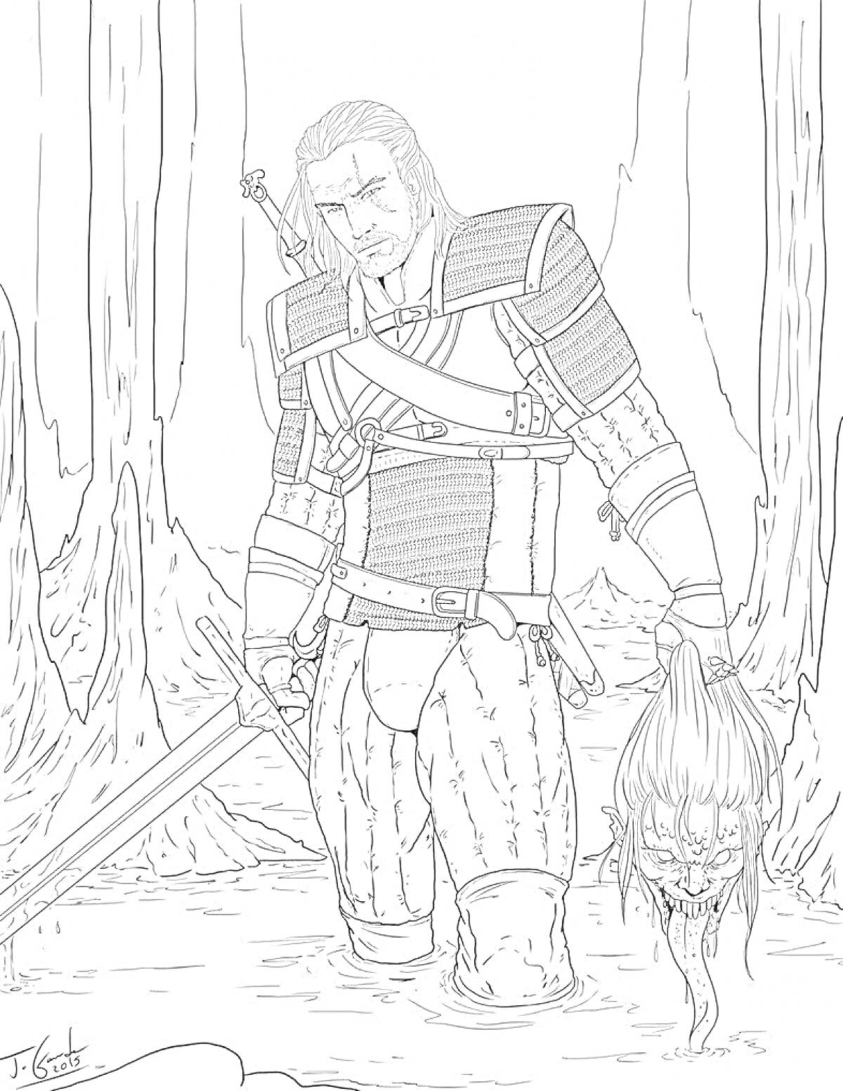 Раскраска Ведьмак с мечом в лесу с отрубленной головой чудовища
