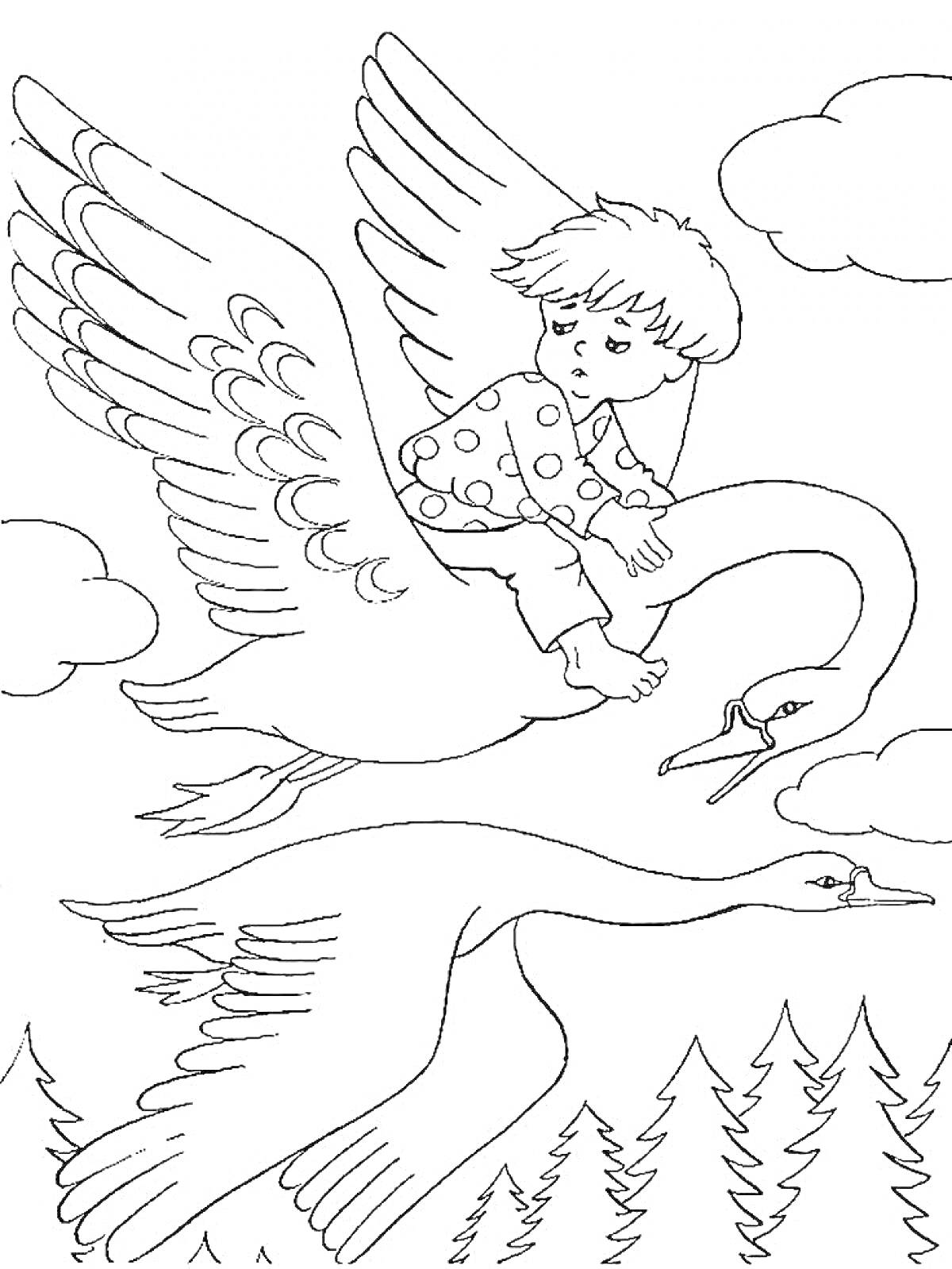 На раскраске изображено: Ребёнок, Лебедь, Полет, Лес, Деревья, Облака, Природа, Птица