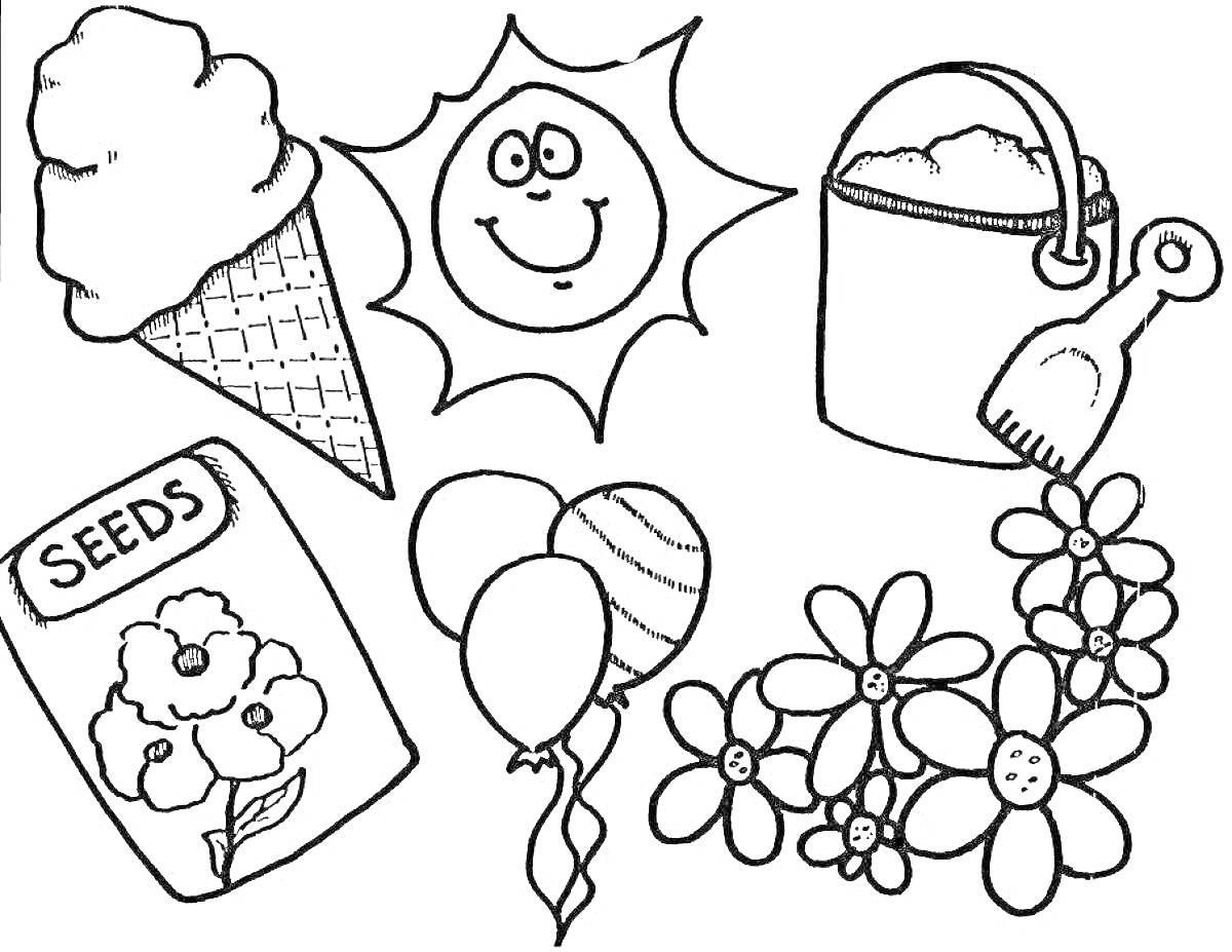 На раскраске изображено: Мороженое, Солнце, Совок, Песочница, Пакет, Цветы, Воздушные шары, Шары, Лето