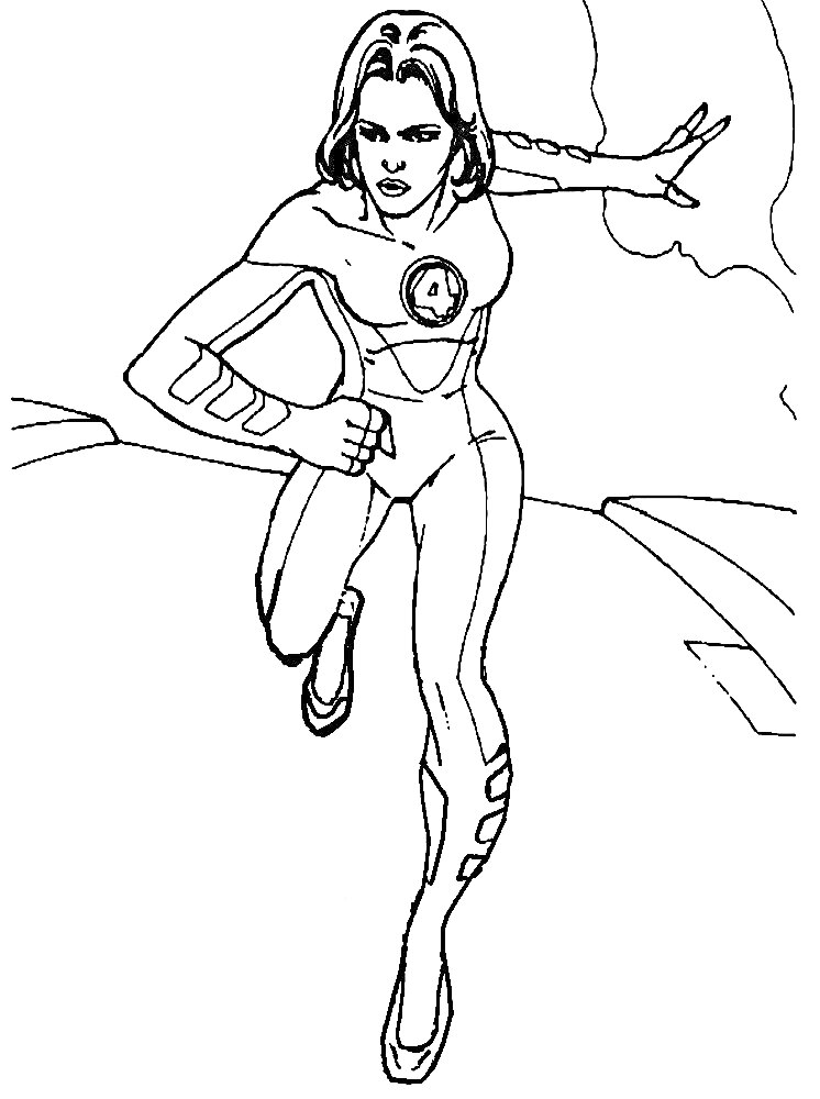 Раскраска Женщина в костюме Фантастической четверки, бежит, фон абстрактный