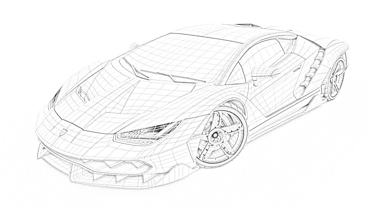 Раскраска Ламборгини Хуракан Перфоманте, вид спереди под углом, подробное черно-белое изображение