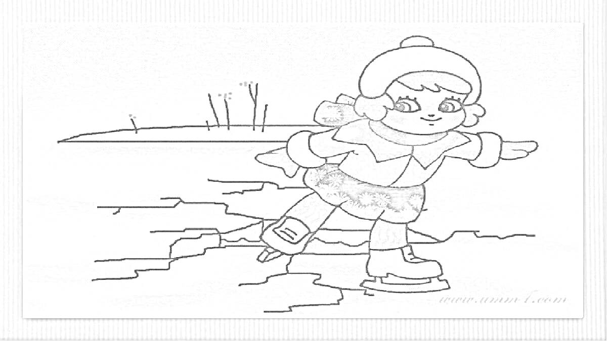 На раскраске изображено: Девочка, Коньки, Зима, Лед, Осторожность, Опасность, Природа, Детский сад, Доу, Безопасность, Иллюстрация