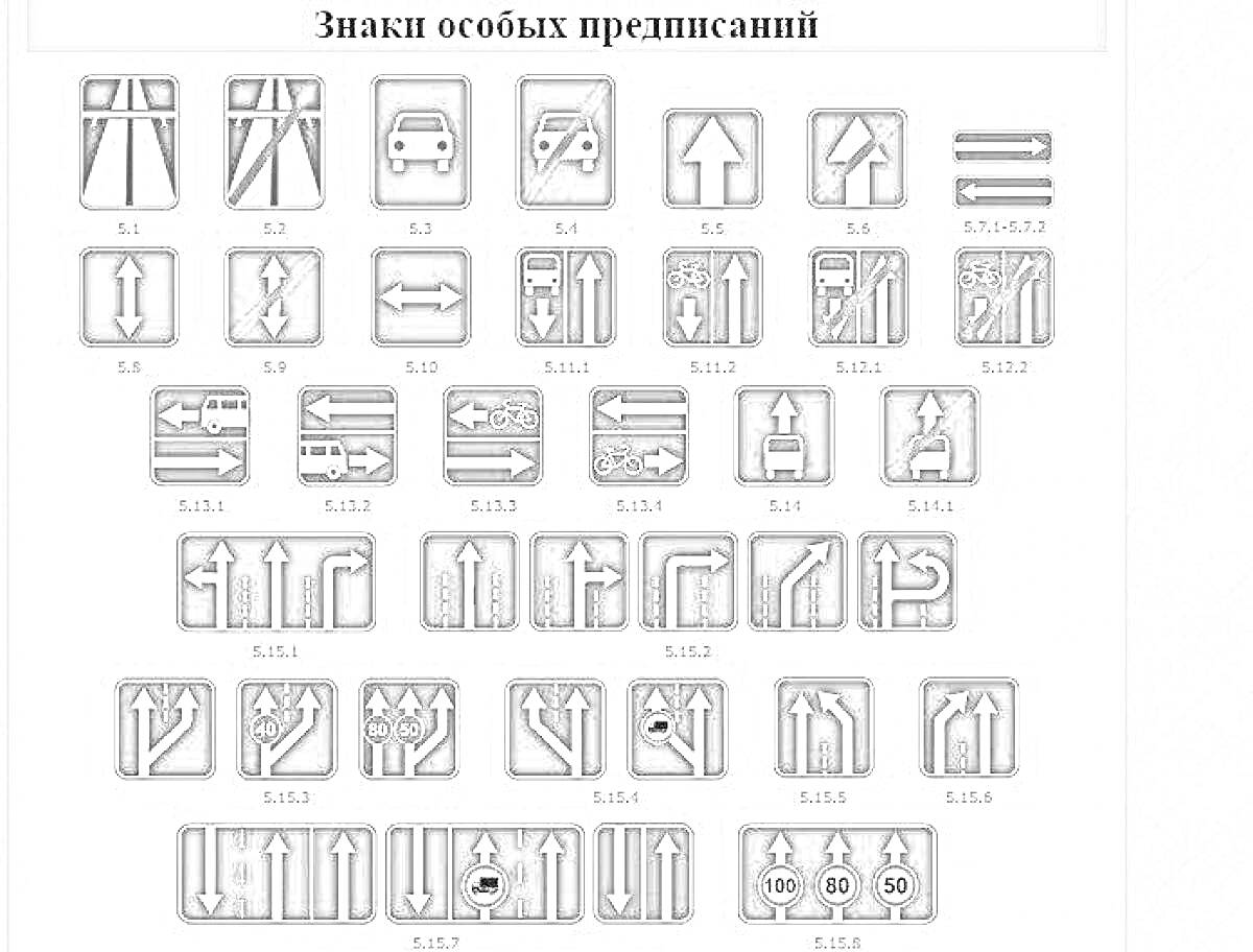 Раскраска с изображением знаков особых предписаний, включающих различные указания для полос движения, поворотов, движения транспортных средств, ограничения направления движения, а также запрещения и обязательства.