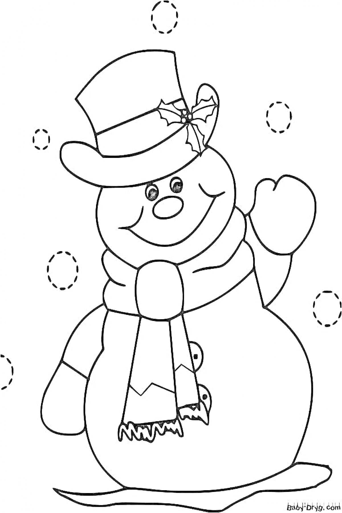 Раскраска Снеговик с шапкой, шарфом и пуговицами на фоне снежинок