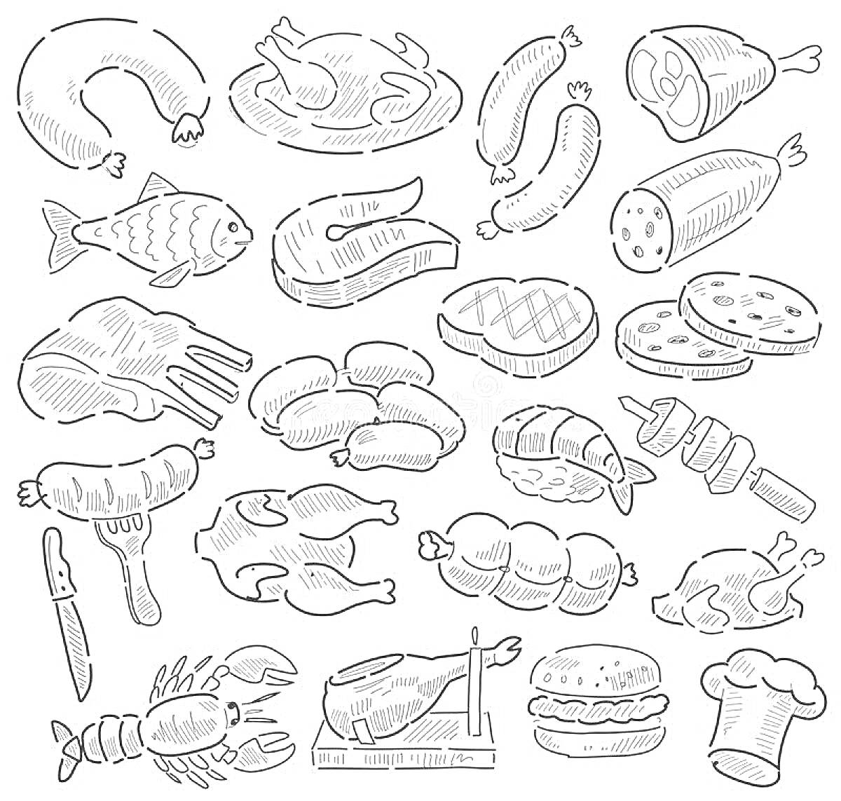 На раскраске изображено: Сосиски, Колбасы, Ветчина, Рыба, Салями, Шашлык, Нож, Омар, Куриные ножки, Гамбургер, Поварской колпак, Мясные продукты