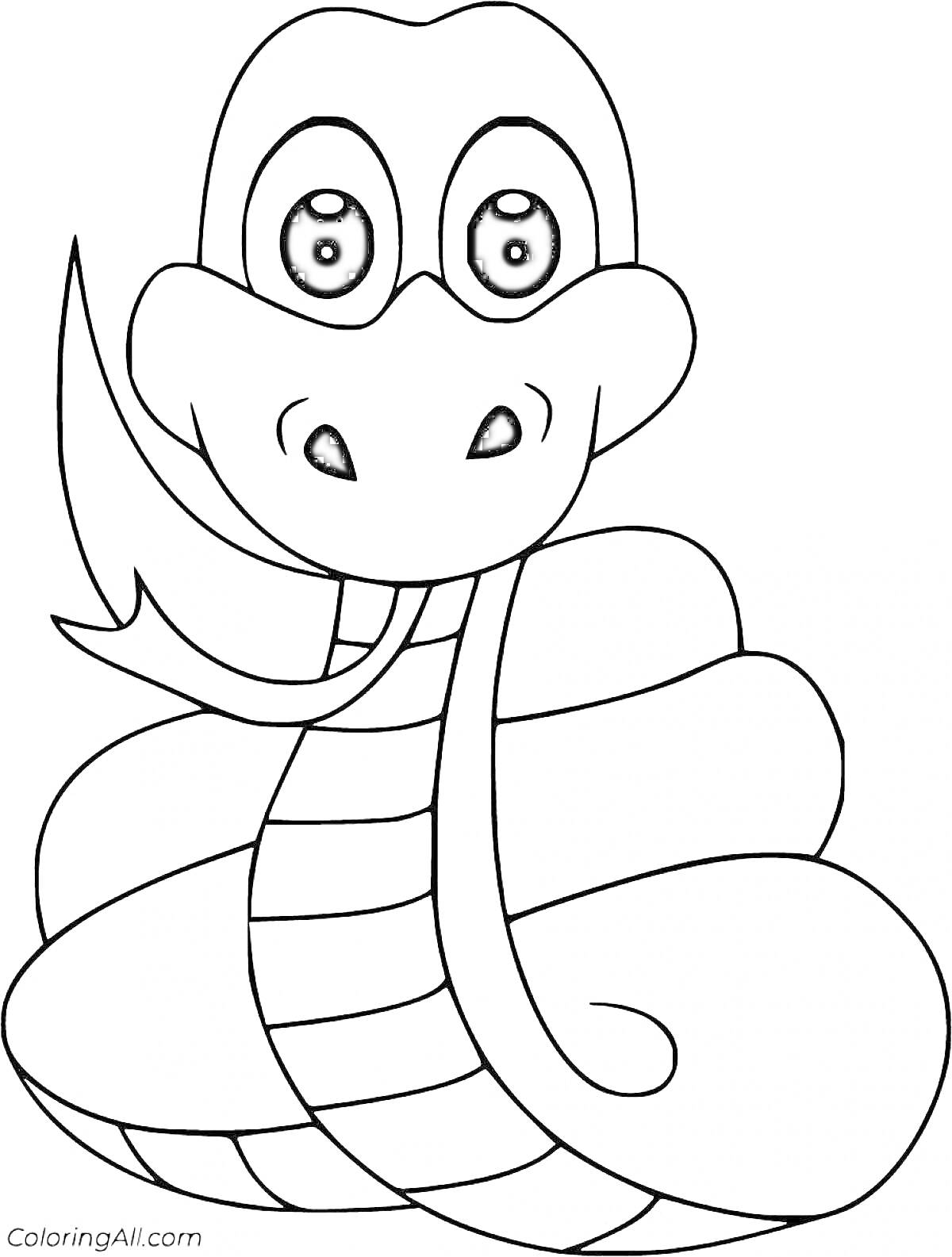 Раскраска Змея с большими глазами, улыбается и скручена несколькими петлями