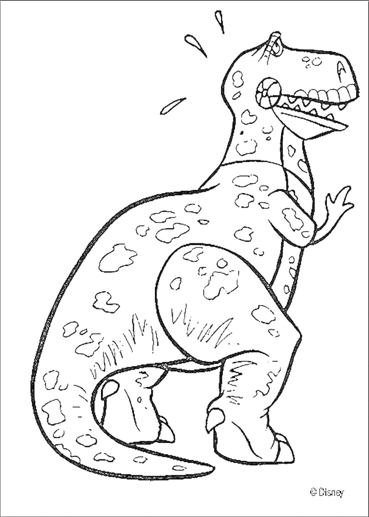 Раскраска Динозавр с пятнами и каплями пота