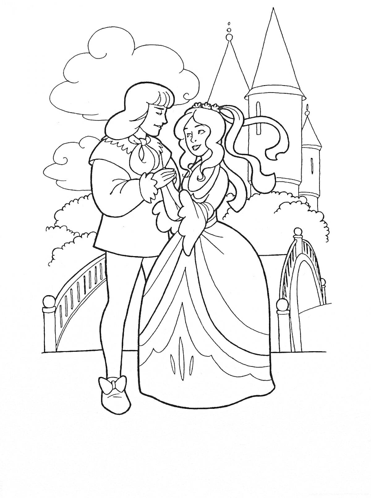 Раскраска Прекрасный принц и принцесса у замка, рядом с мостиком и деревьями