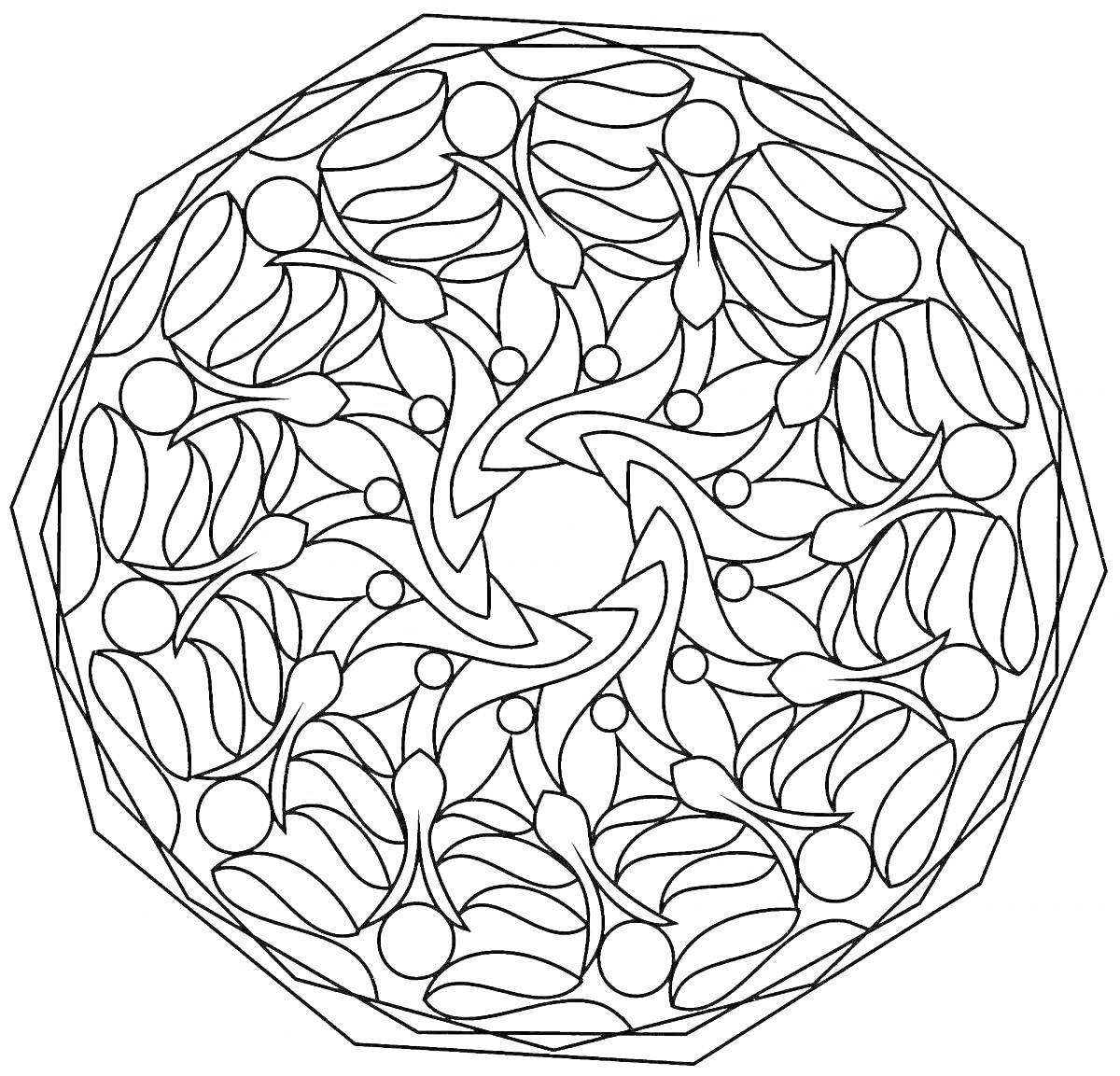 На раскраске изображено: Мандала, Удача, Успех, Спираль, Листья, Восьмиугольник, Антистресс