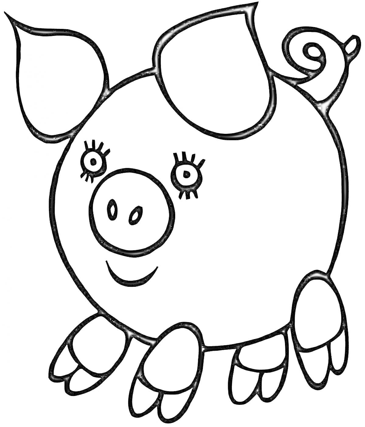 Раскраска Свинка с ушами, пятачком, лапками и хвостиком