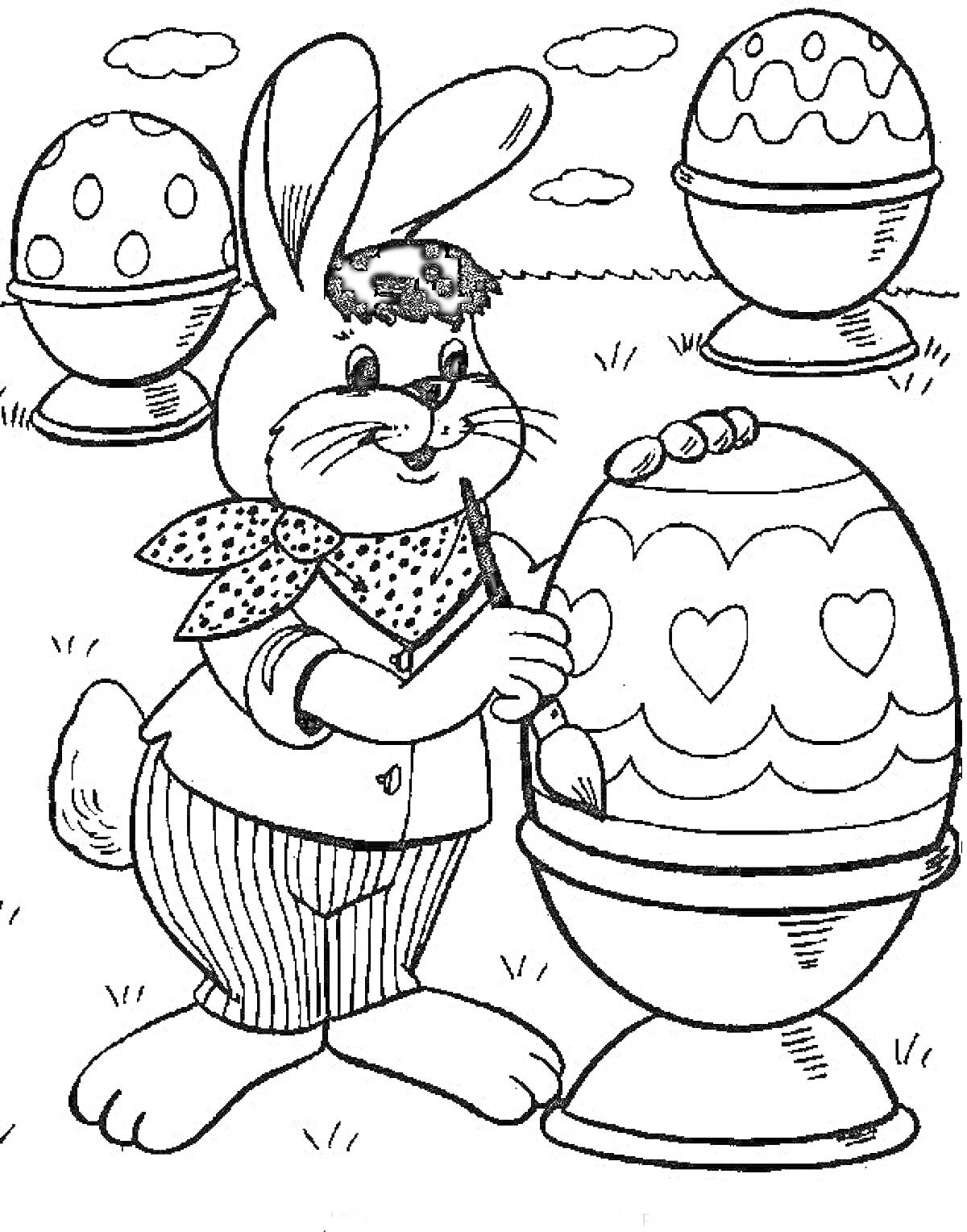 Раскраска Кролик расписывает пасхальные яйца на траве среди облаков