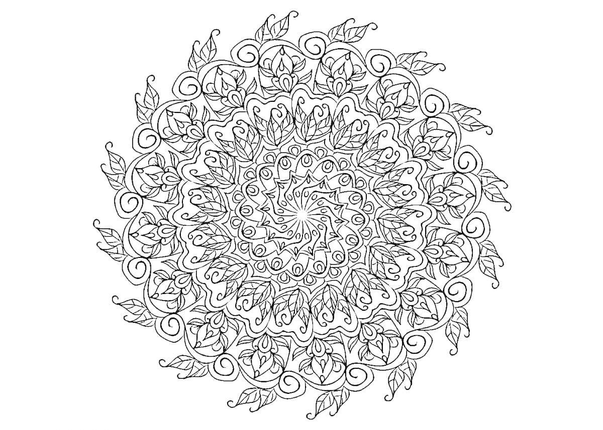 На раскраске изображено: Мандала, Антистресс, Цветы, Листья, Спираль