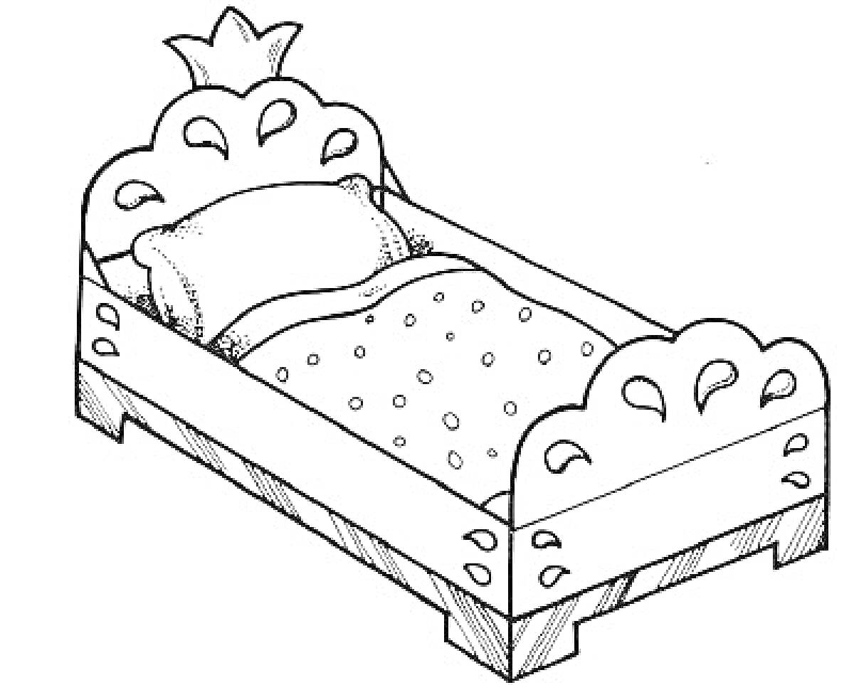 Раскраска Кровать с декоративными элементами, подушкой и одеялом в горошек