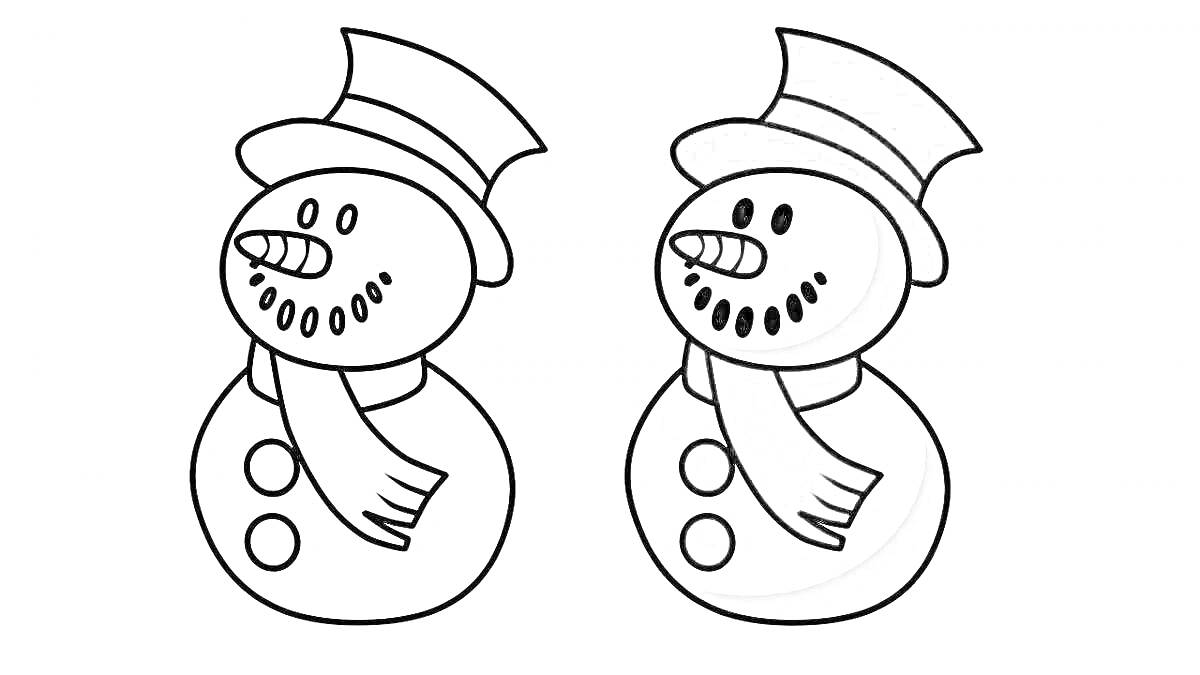 Раскраска два снеговика с шарфами и шляпами