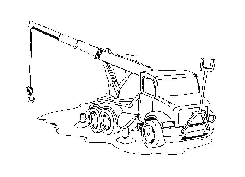 Раскраска Подъемный кран на грузовике с выдвинутой стрелой и крюком, стоящий на трех осях с опорами