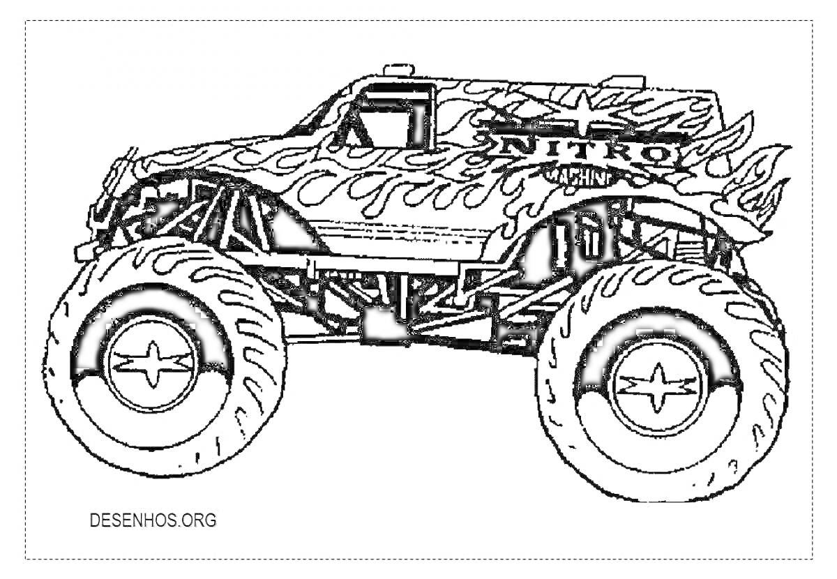 Раскраска Монстр-трак с огненными узорами, надписью 