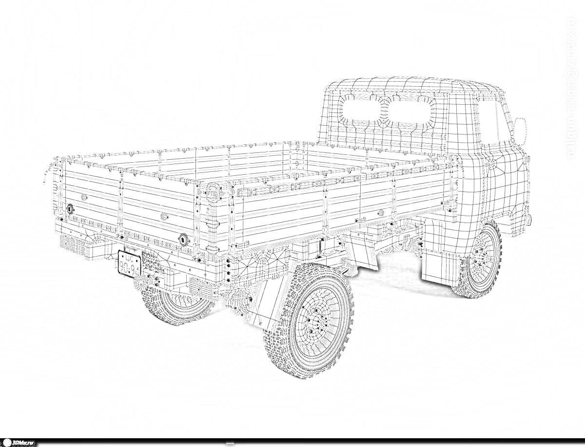 Раскраска Контурная раскраска грузовика УАЗ 3303 с задней стороны, включая кабину и платформу