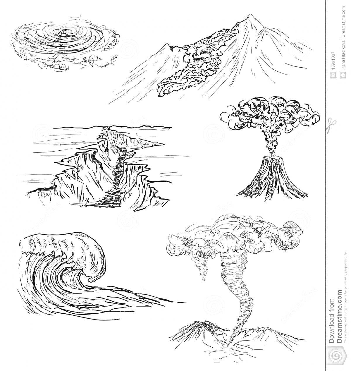 Раскраска Водоворот, оползень на горе, буря на море, извержение вулкана, цунами, торнадо