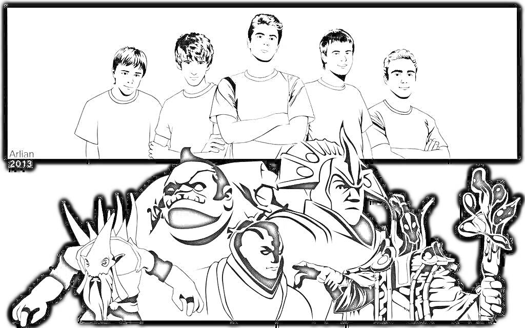 Раскраска Рисунок с изображением пяти человек в верхней части и группойперсонажей с фантастической внешностью в нижней части