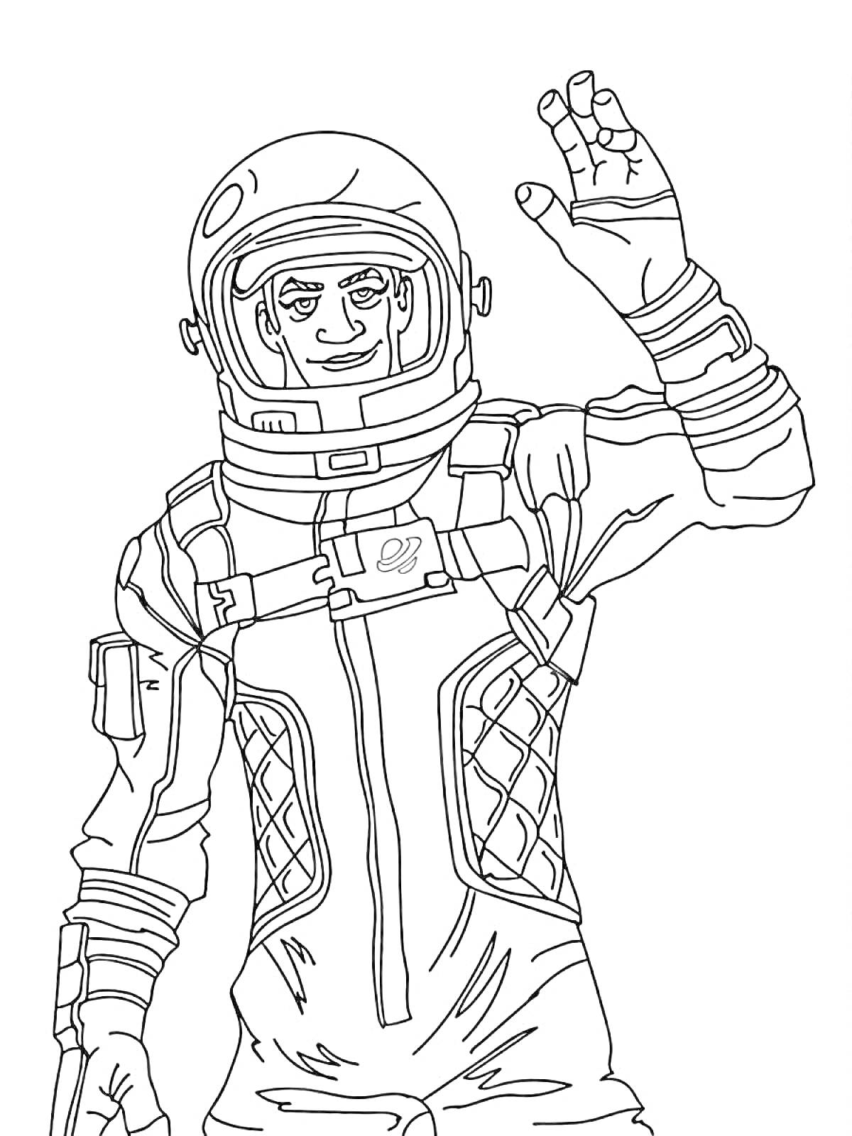Раскраска Картинка для раскраски с персонажем Fortnite в космическом костюме, поднимающим руку в жесте приветствия.