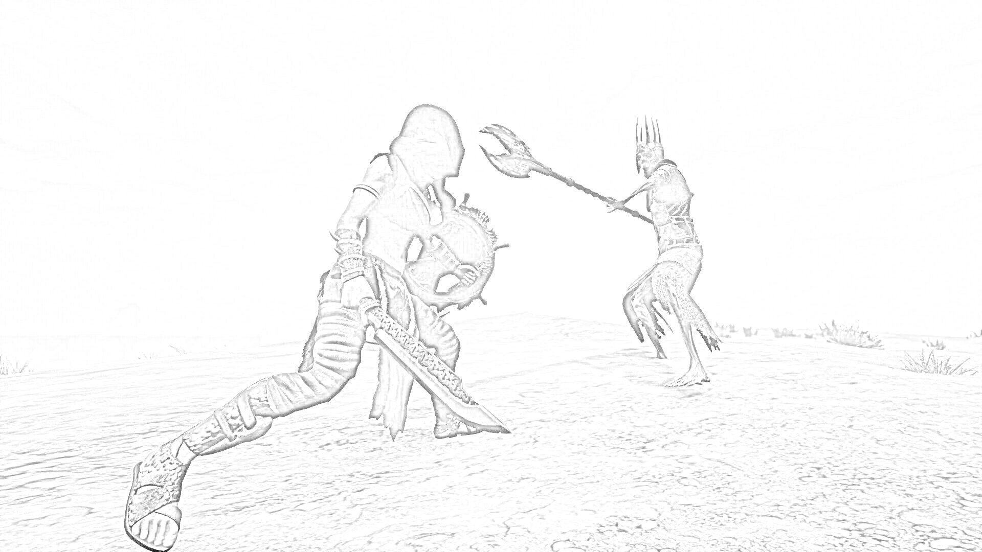 Раскраска Схватка на пустынной равнине: персонаж с мечом против существа с рогатым черепом