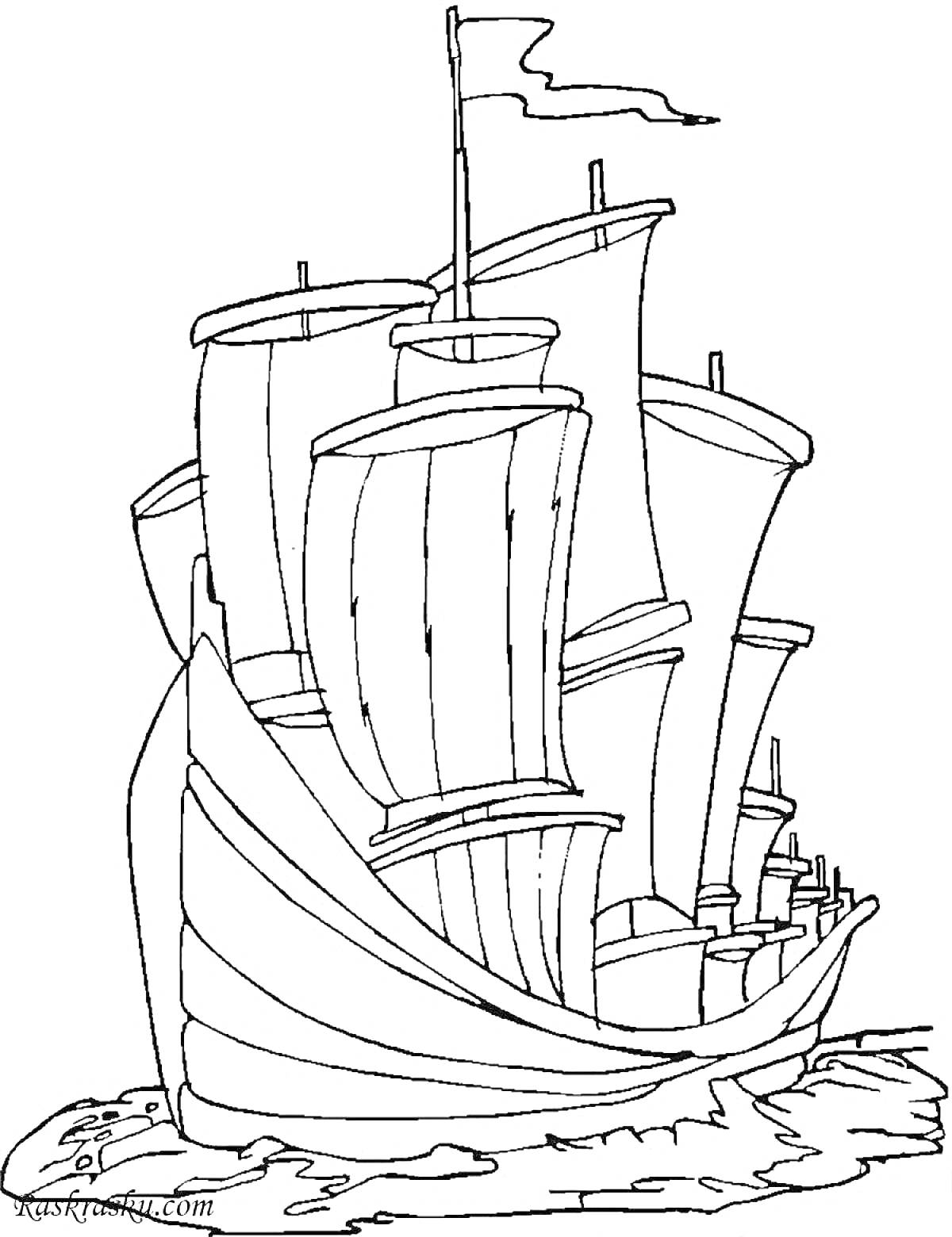 Раскраска Парусник с шестью парусами на море