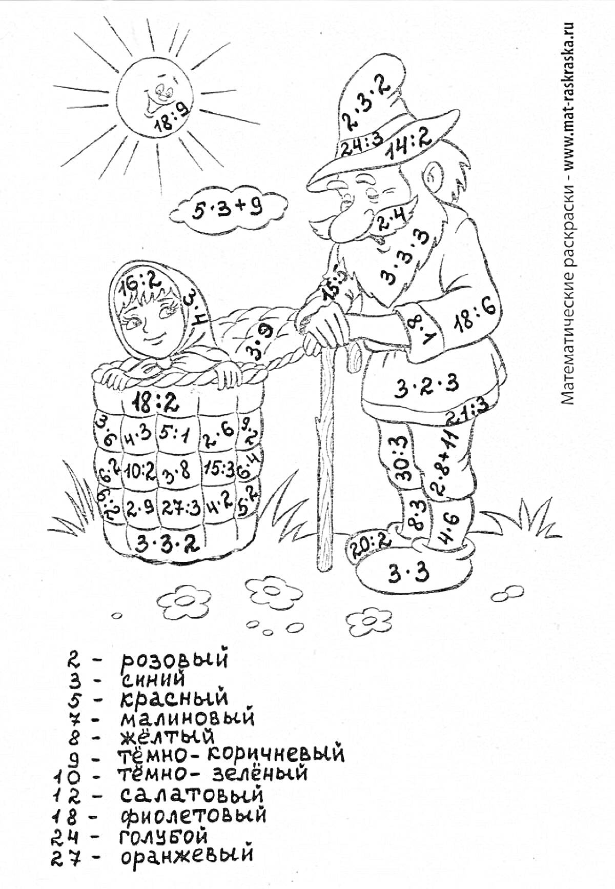 На раскраске изображено: Таблица умножения, Старик, Девочка, Колодец, Математика, Обучение, Примеры, Сложение, 2 класс