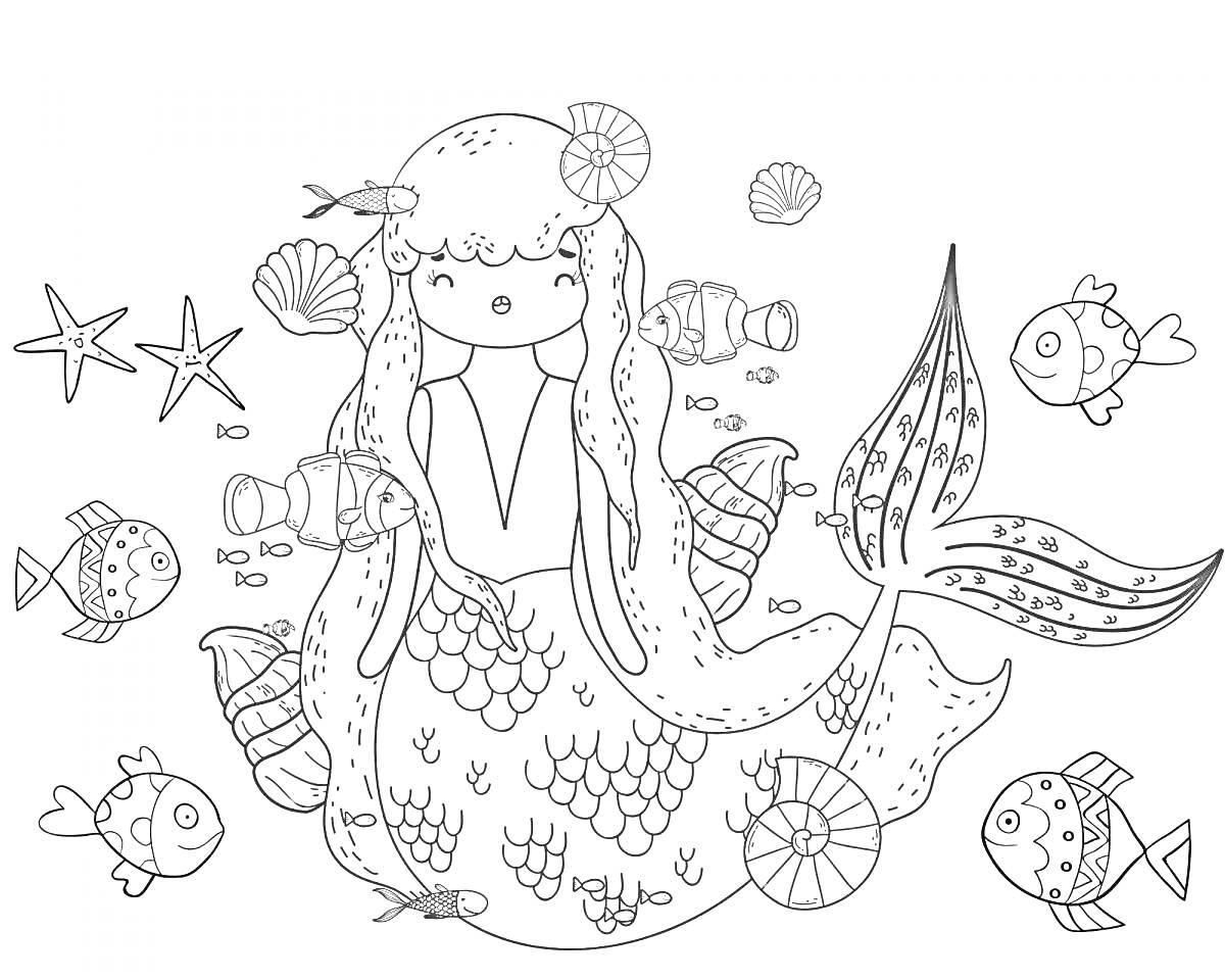 На раскраске изображено: Русалка, Подводный мир, Морские звезды, Море, Кораллы, Творчество
