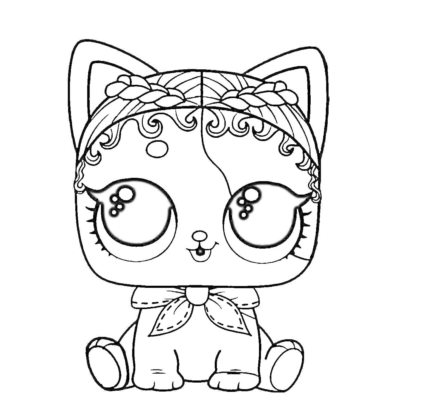 Раскраска Кошечка ЛОЛ Петс с бантом на шее и кудрявыми волосами