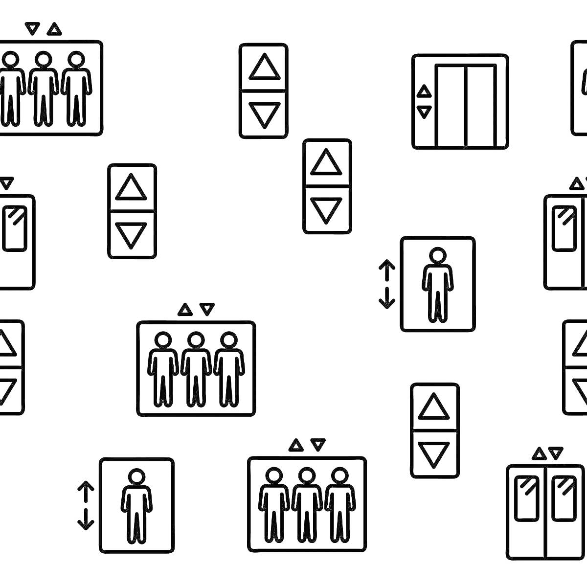 Раскраска Кнопки лифта с изображениями лифта, людей и клавиш вверх-вниз