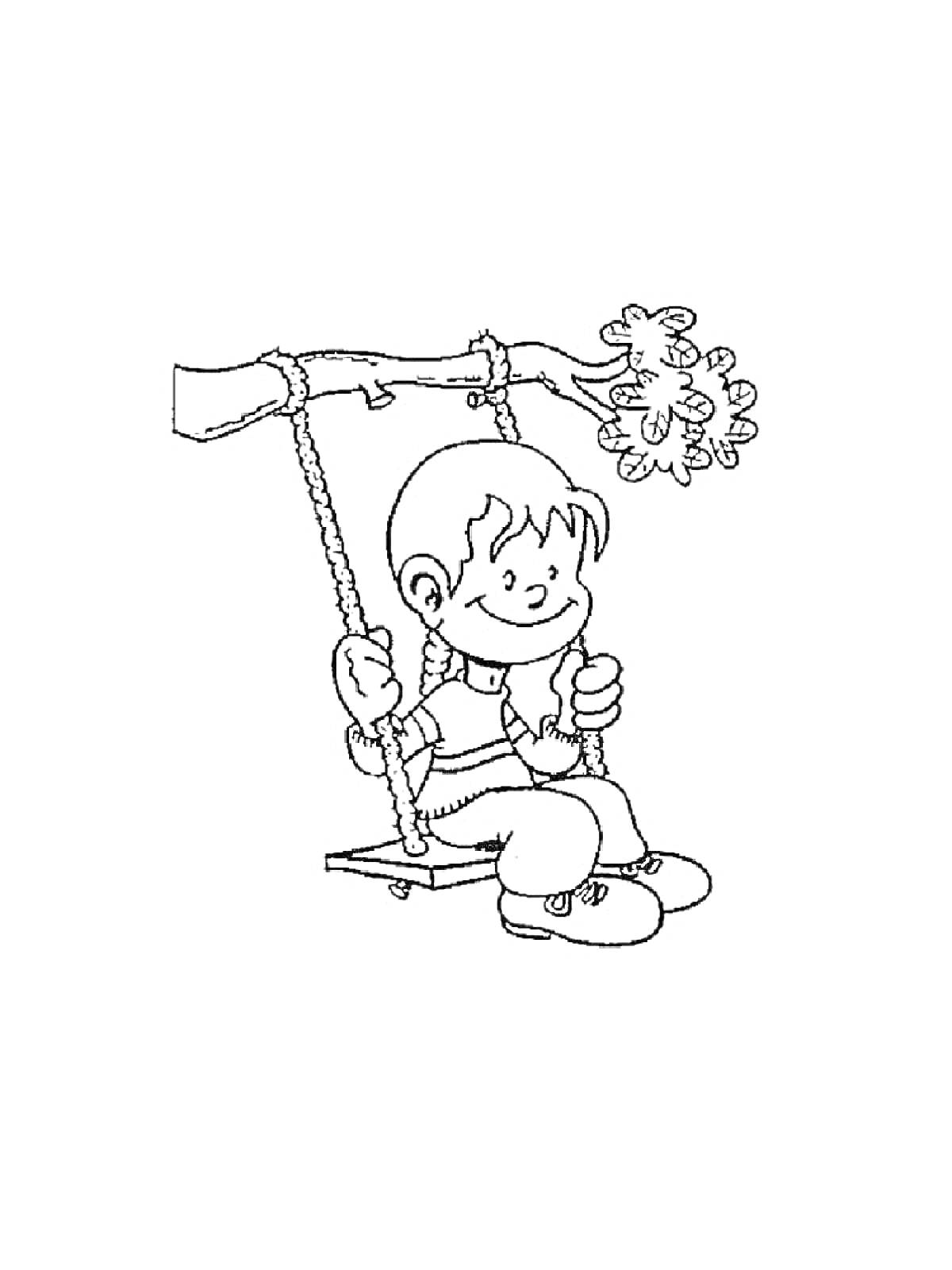 Раскраска Ребенок качается на качелях, подвешенных к ветке дерева с цветами