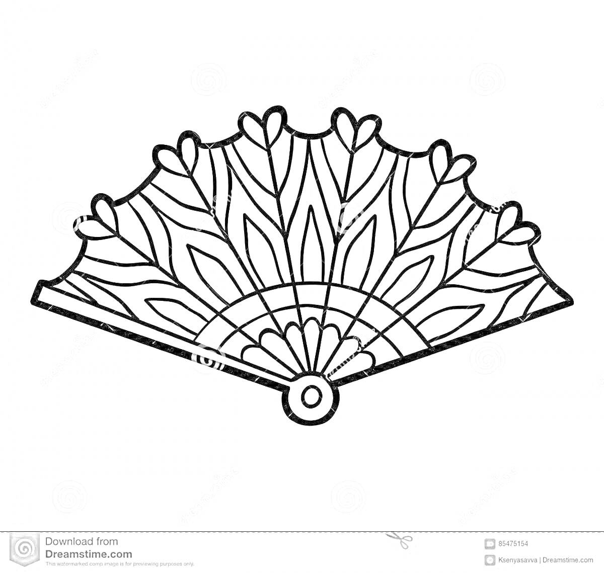 Раскраска Веер с узором из листьев и цветов, закрытое положение, с круглым креплением