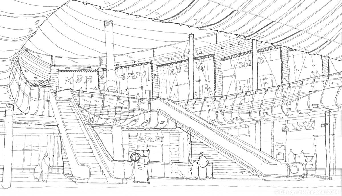 Раскраска Торговый центр с эскалаторами, витринами магазинов и посетителями