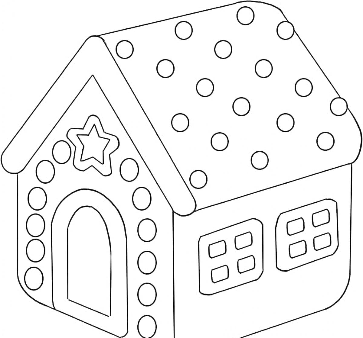 На раскраске изображено: Пряничный домик, Дверь, Сладости, Рождество